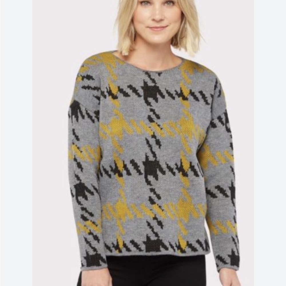 Jamison Arlo Evereve Houndstooth Gray Yellow Pullover Sweater Sz small